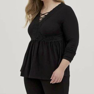 Torrid Plus Size 1X Black Lace Trimmed Long Sleeve Top